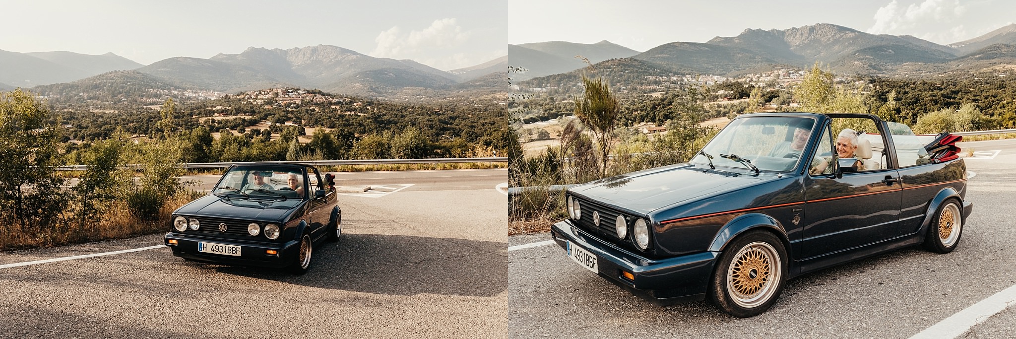 Pareja junto al coche clásico en sesión de fotos en Cercedilla, Madrid