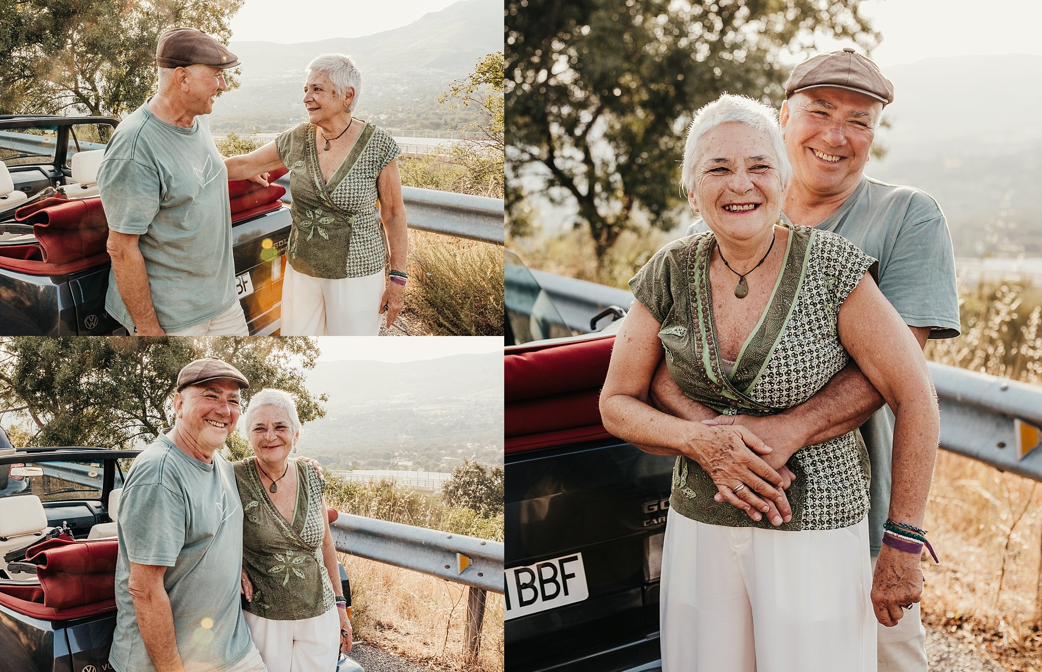 Pareja sonriente en sesión fotográfica en la naturaleza de Cercedilla