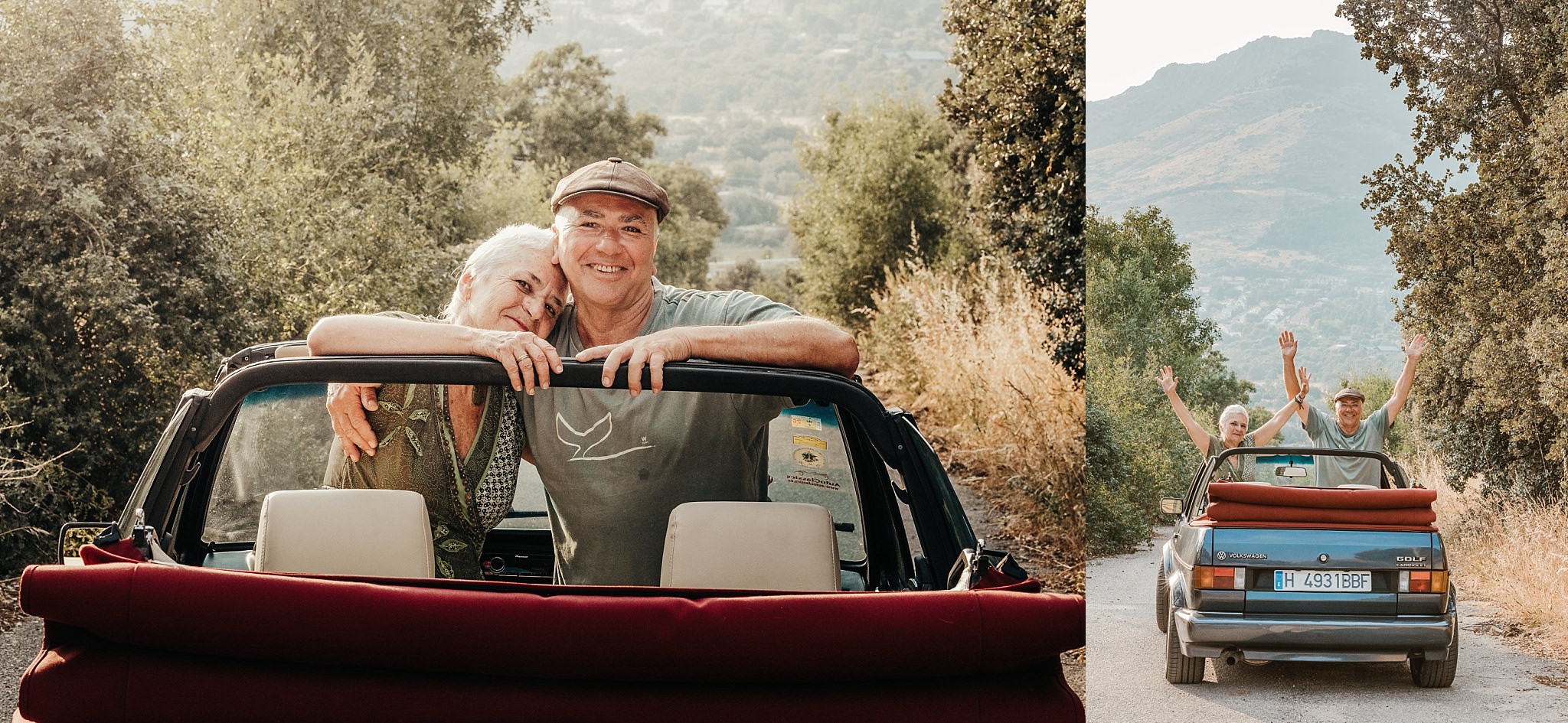 Pareja junto al coche clásico en sesión de fotos en Cercedilla, Madrid