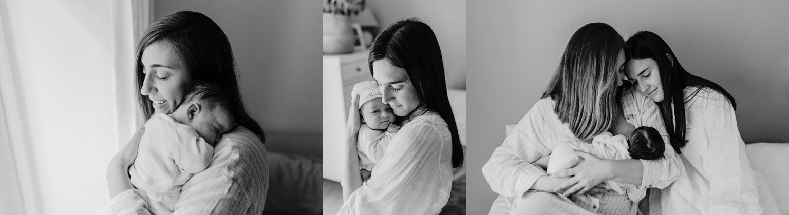 Fotografia emotiva en blanco y negro de madres con su hija recien nacida en su casa de Madrid.
