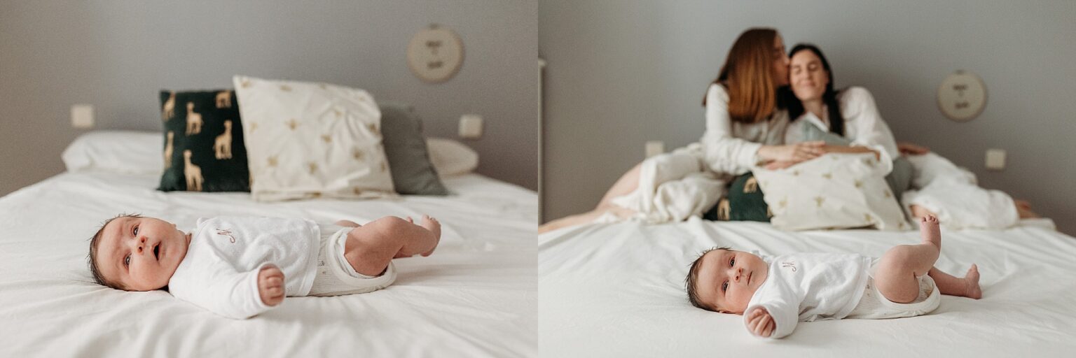 Bebe tumbada en una cama matrimonial retratada por un Fotografo de recien nacidos a domicilio en Madrid